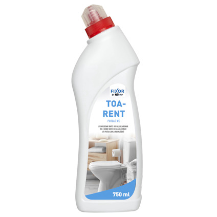 Plastflaska med rött lock och etikett med texten "TOARENT FIXOR BY NITOR 750ML", bild på toalett och handfat.