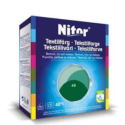 Förpackning av Nitor textilfärg i färgen 40 "Kaktus", med detaljerad information om användning och material.