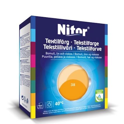 Förpackning av Nitor textilfärg i färgen Mandarin 38, med instruktioner och symboler på flera språk.