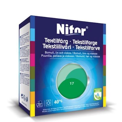 Förpackning av Nitor textilfärg i lime, märkt "17", med text på flera språk och temperaturangivelse 40°C.