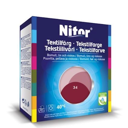 Förpackning för Nitor textilfärgningsprodukt i färgen Bordeaux 34. Text på flera språk, blå och regnbågsfärgad design.