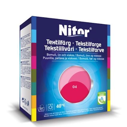 Förpackning av textilfärg Nitor Fuchsia 04 med en färgcirkel och temperaturindikator på 40°C.