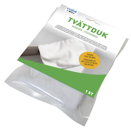 Förpackning med Fixor tvättduk, text på svenska, en vit duk syns genom plasten. Markeringar om rengöring och förbehandling före målning.