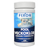 Vit burk med etiketttext: "Fixor Pool Veckoklor" och bild av leende person i en pool.