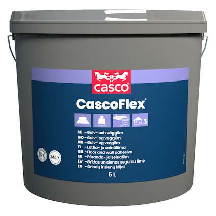 Grå hink med blå etikett märkt "CascoFlex" och olika språkversioner av "Golv- och vägglim", kapacitet 5 liter.