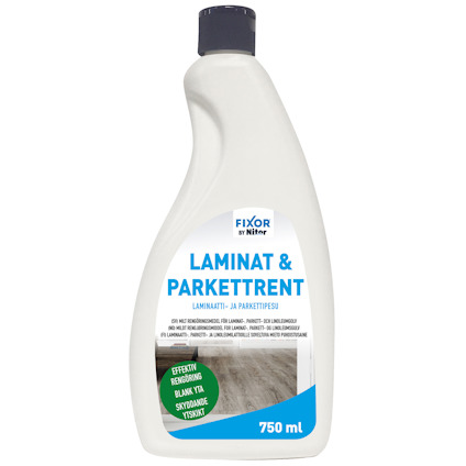 Flaska med text "Laminat & Parkettrent Nitor" och volym 750 ml.