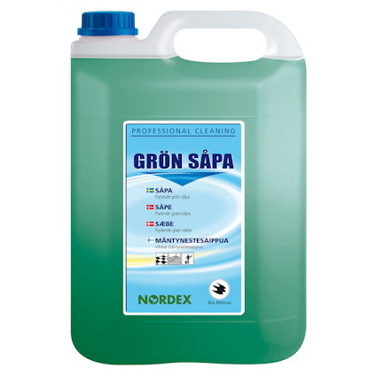 Klara plastbehållare med etiketten "Grön Såpa" och text på flera språk, avsedd för professionell rengöring.