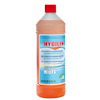 Orange plastflaska med etikett "HYGILEN" och information om sanitetsrengöring på flera språk.