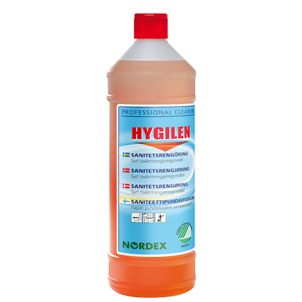Orange plastflaska med etikett "HYGILEN" och information om sanitetsrengöring på flera språk.