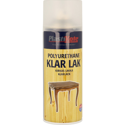 Sprayburk med texten "Polyurethane Klar Lak" och en bild av ett litet bord.