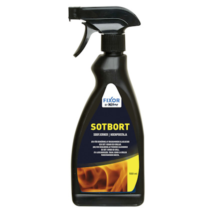 Sprayflaska med texten: "FIXOR by Nitor SOTBORT SOTFJERNER NOEPÖHISTAJA 500 ml" och bild av flammor på etiketten.