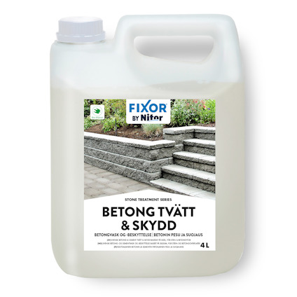 Plastdunk med etikett "FIXOR BY Nitor BETONG TVÄTT & SKYDD", innehåll 4 liter.