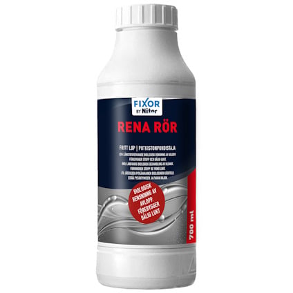 Flaska med etikett märkt "Rena Rör" och text om biologisk rengöring. Röda och blå färger dominerar. Volym: 700 ml.