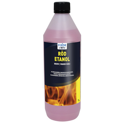 Flaska med röd etikett "RÖD ETANOL" och lågflammemotiv, 1 liter.