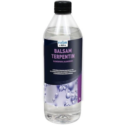 Flaska med BALSAM TERPENTIN från Fixor by Nitor, genomskinlig vätska synlig inuti, svart skruvlock.
