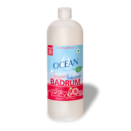 Flaska med etikett "OCEAN Sanitet Badrum" och ikoner för rengöring.