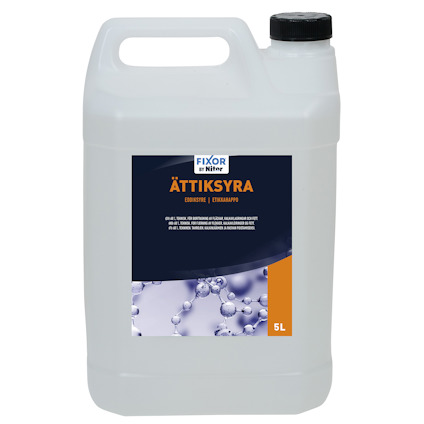 Vit plastdunk med svart lock och etikett som säger "Fixor Ättiksyra 5L". Etiketten har ett blått och orange tema med molekylstruktur.