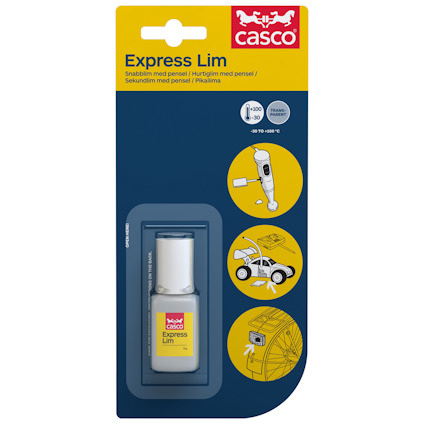 Förpackning av Casco Express Lim med pensel, gul och blå design, illustrationer av olika användningsområden.