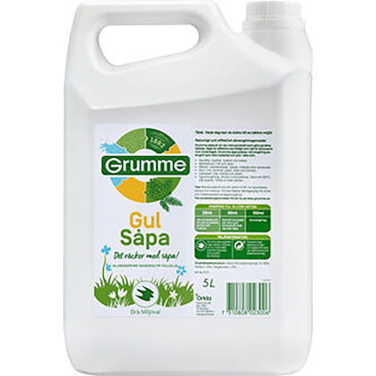 Plastdunk med handtag och skruvkork, etikett med texten "Grumme Gul Såpa".