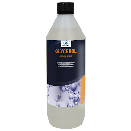 Flaska med svart skruvlock, märkt "Glycerol 86% Nitor 1L", har en etikett med vita och blå detaljer.