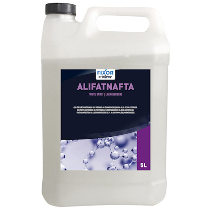 Vit plastdunk med svart lock, etikett märkt "ALIFATNAFTA" och "5L", dekorativ design med lila och vit text samt bubblor.
