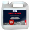 Vit plastbehållare med handtag och röd text "KAUSTIKSODA" på etiketten.