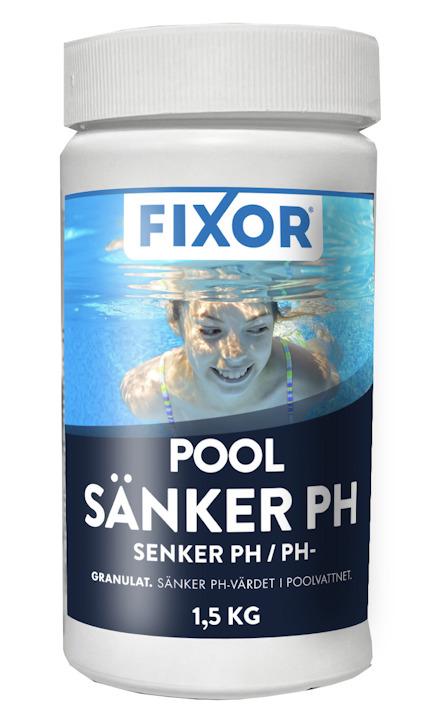 Vit behållare med etikett "Fixor Pool Sänker PH", bild av en simmande person. Volym: 1,5 kg.