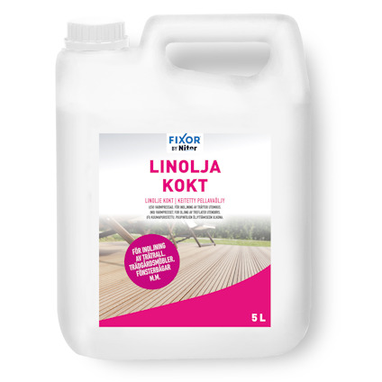 Vit plastdunk med texten "LINOLJA KOKT" och volymangivelse 5L på etiketten.