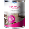 Burk med teakolja från FIXOR by Nitor, text: "TEAKOLJA" och "1 L". Bild av utemöbler i bakgrunden.