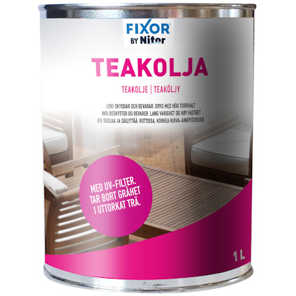 Burk med teakolja från FIXOR by Nitor, text: "TEAKOLJA" och "1 L". Bild av utemöbler i bakgrunden.