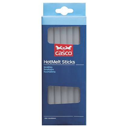 Förpackning med Casco HotMelt Sticks i blå kartong med genomskinligt fönster.