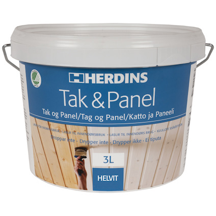 Hink med Herdins Tak & Panel lasyr, märkt "Helvit 3L" med panelbild och text på flera språk.