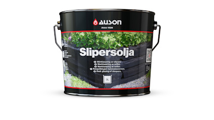 Svart plåthink med texten "Slipersolja" och varumärket "Auson". Bild på mörka slipers och blommor.