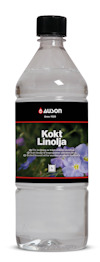 Transparent plastflaska med genomskinlig vätska och etikett märkt "Auson Kokt Linolja".