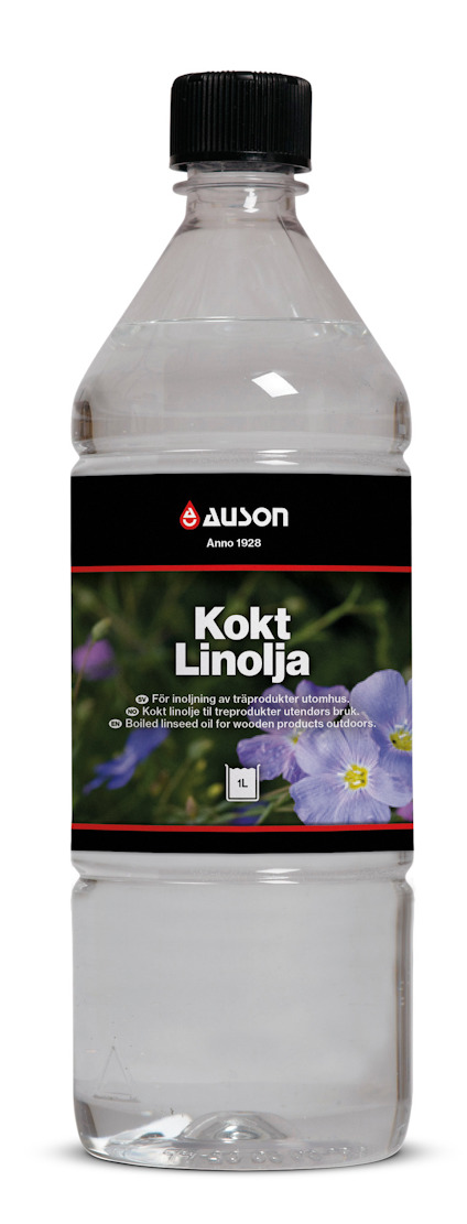 Transparent plastflaska med genomskinlig vätska och etikett märkt "Auson Kokt Linolja".