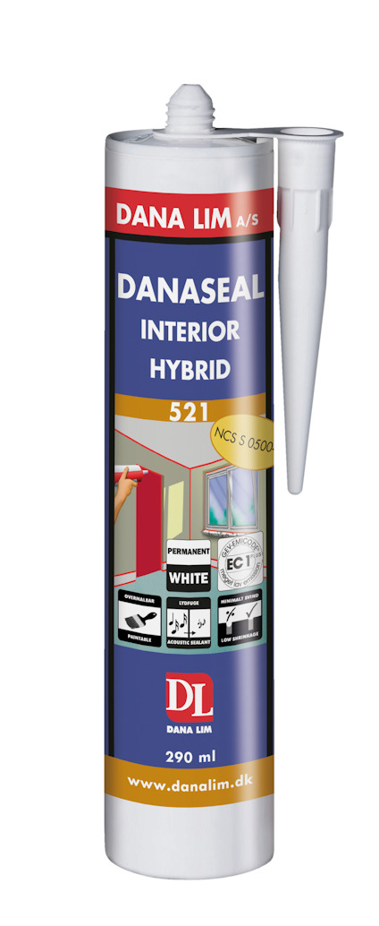 Vit cylinderformad förpackning av fogmassa med röd och gul etikett och texten "DANASEAL INTERIOR HYBRID 521".