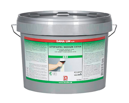 Grå plastbehållare med rött och vitt märke på framsidan, texten inkluderar "LETSPARTEL MEDIUM EXTRA" och "DANA LIM".
