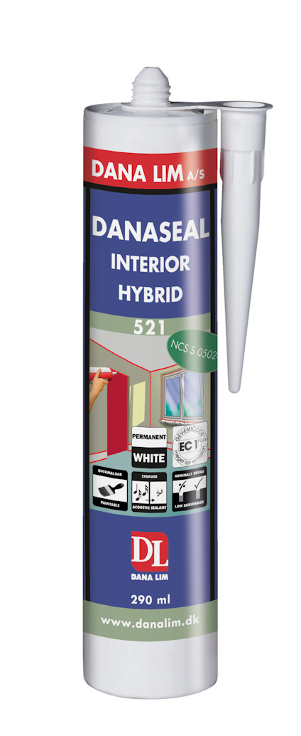 Cylinderformad förpackning med texten "DANASEAL INTERIOR HYBRID 521" och en vit applikatorspets.