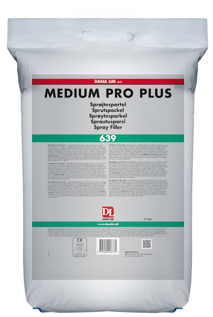 Vit förpackning märkt "MEDIUM PRO PLUS 639" med text på flera språk, inklusive "sprutspackel".