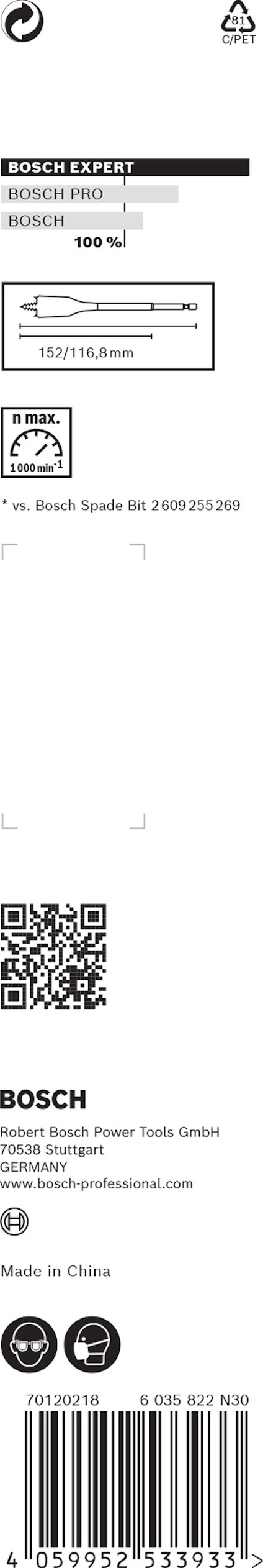 Förpackning med Bosch Expert borr, 13/157/95 mm, QR-kod, Kontaktinfo: Made in China.