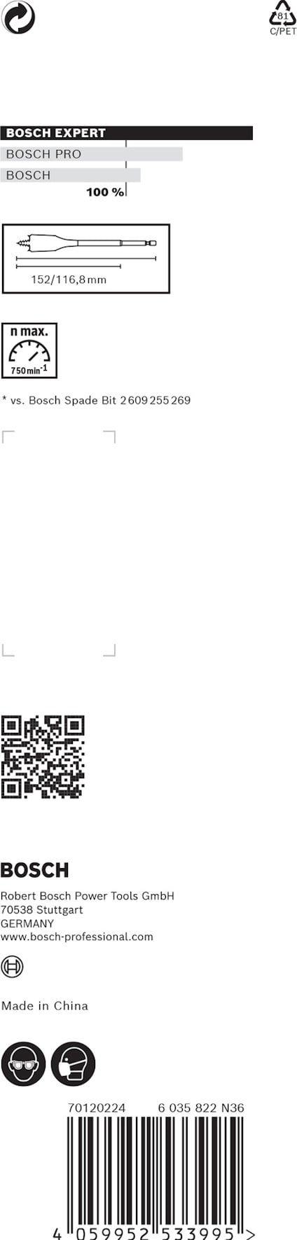 Förpackning med Bosch-borrkärna 100 mm, text och streckkod synliga.