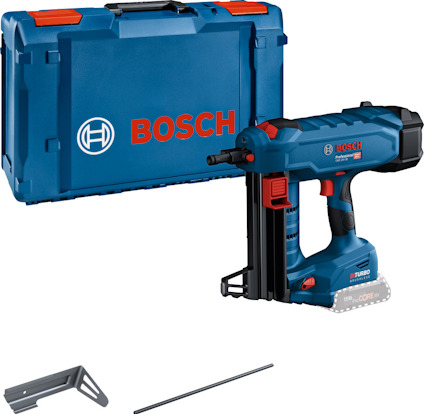 Betongspikpistol med batteri, blå förvaringslåda märkt "Bosch", samt två lösa delar på en vit bakgrund.