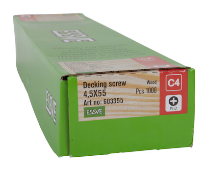 Grön låda med texten: "Decking screw 4,5X55 Wood Pcs 1000 Art no: 603355 ESSVE".