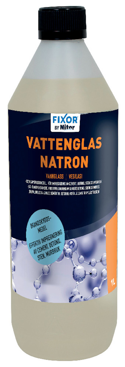 Plastflaska med svart kork och etikett "VATTENGLAS NATRON". Etiketten har vit och blå text samt grafiska bubblor.