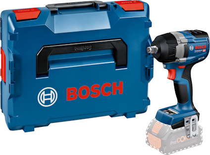 Mutterdragare Bosch i blå och svart med rött och grått detaljer, bredvid en blå Bosch L-Boxx förvaringslåda.