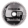 Cirkelsågklinga med tandad kant, Makita-logotyp och text om modell och specifikationer på ytan.