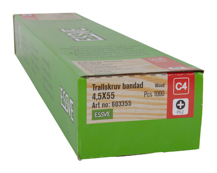 Grön låda med texten "Trallskruv bandad 4,5X55, Art no: 603355, Wood, Pcs 1000, C4, ESSVE, Ph2".