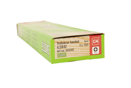 Grön förpackning med text: "Trallskruv bandad 4,5x42", "Pos 1000", "Art no: 60342", "ESSVE", "C4", "PH2".