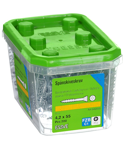 Förpackning med spånskiveskruvar 4,2 x 55 mm, 200 st, ESSVE märketikett.