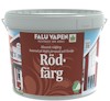 Hink med Falu Vapen Rödfärg, etikett med husbild och text om klassisk rödfärg baserad på blyfri järnoxid och linolja.
